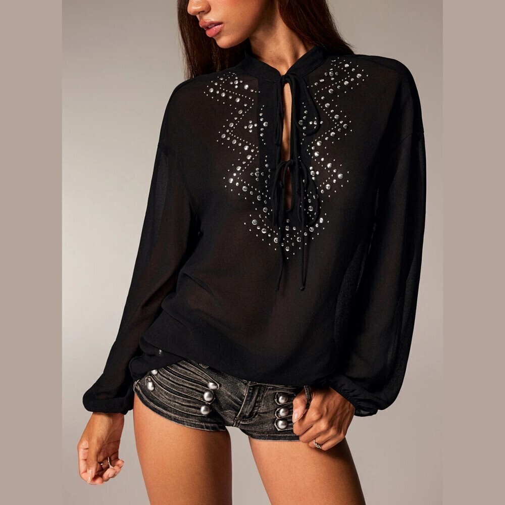 Black Sheer Chiffon Stud Embellished Tie Neck Long Sleeve Oversized Blouse